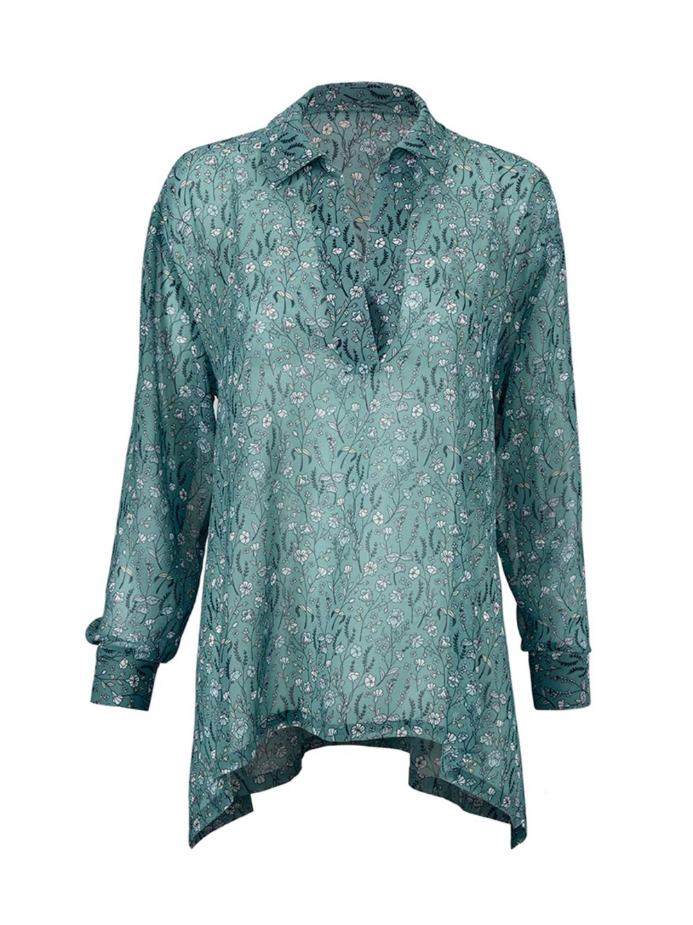 CAbi Chase Blouse Teal Floral V-Split Collared Tunic